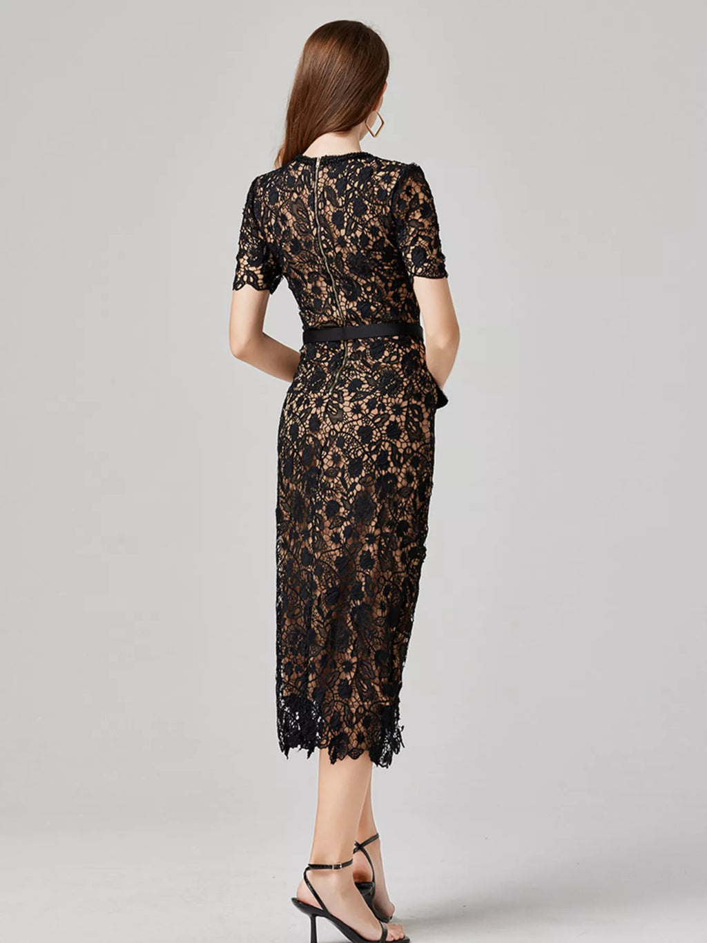 Lace button up midi dress on model front