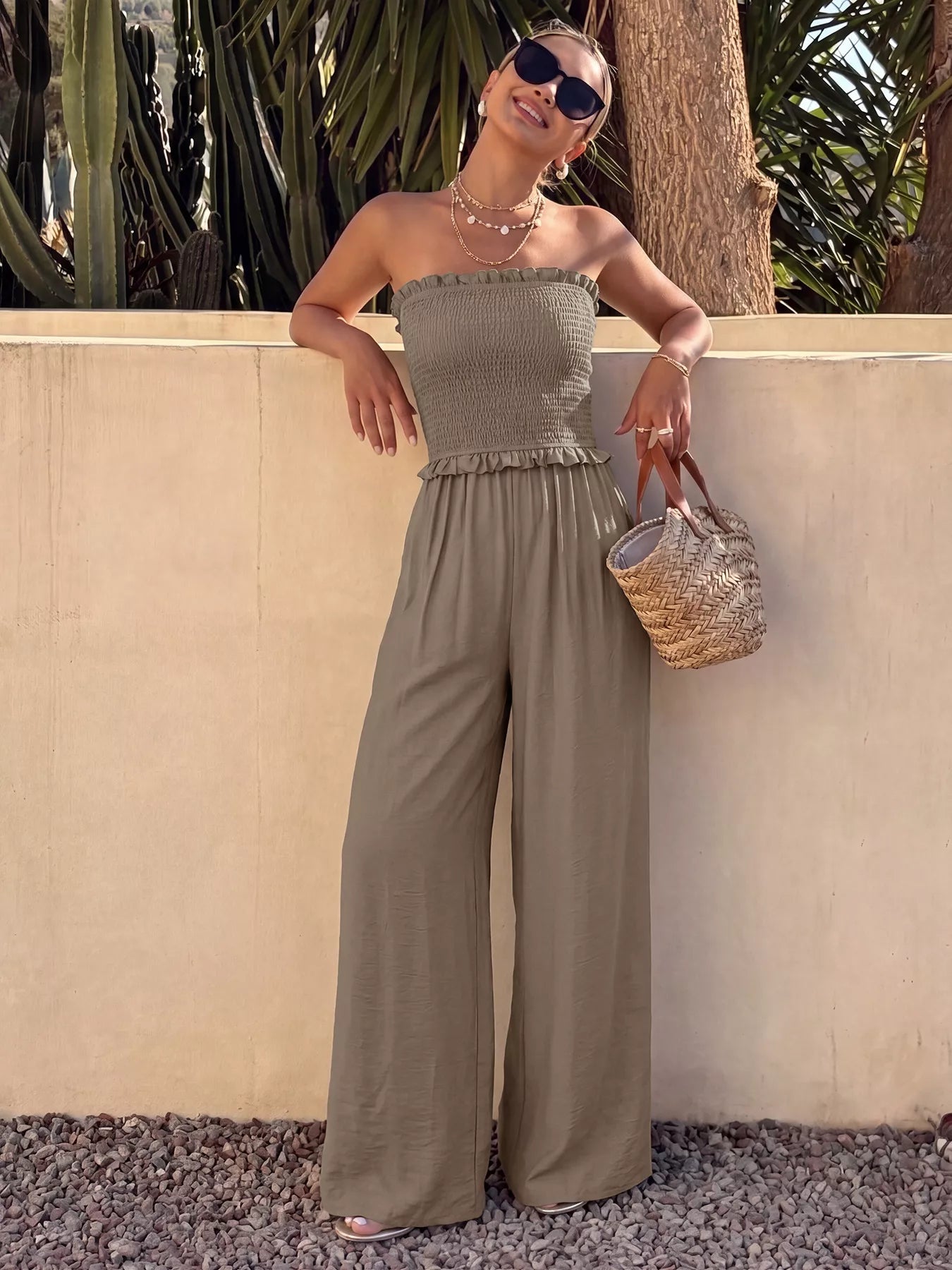 Wide leg detail on brown jumpsuit