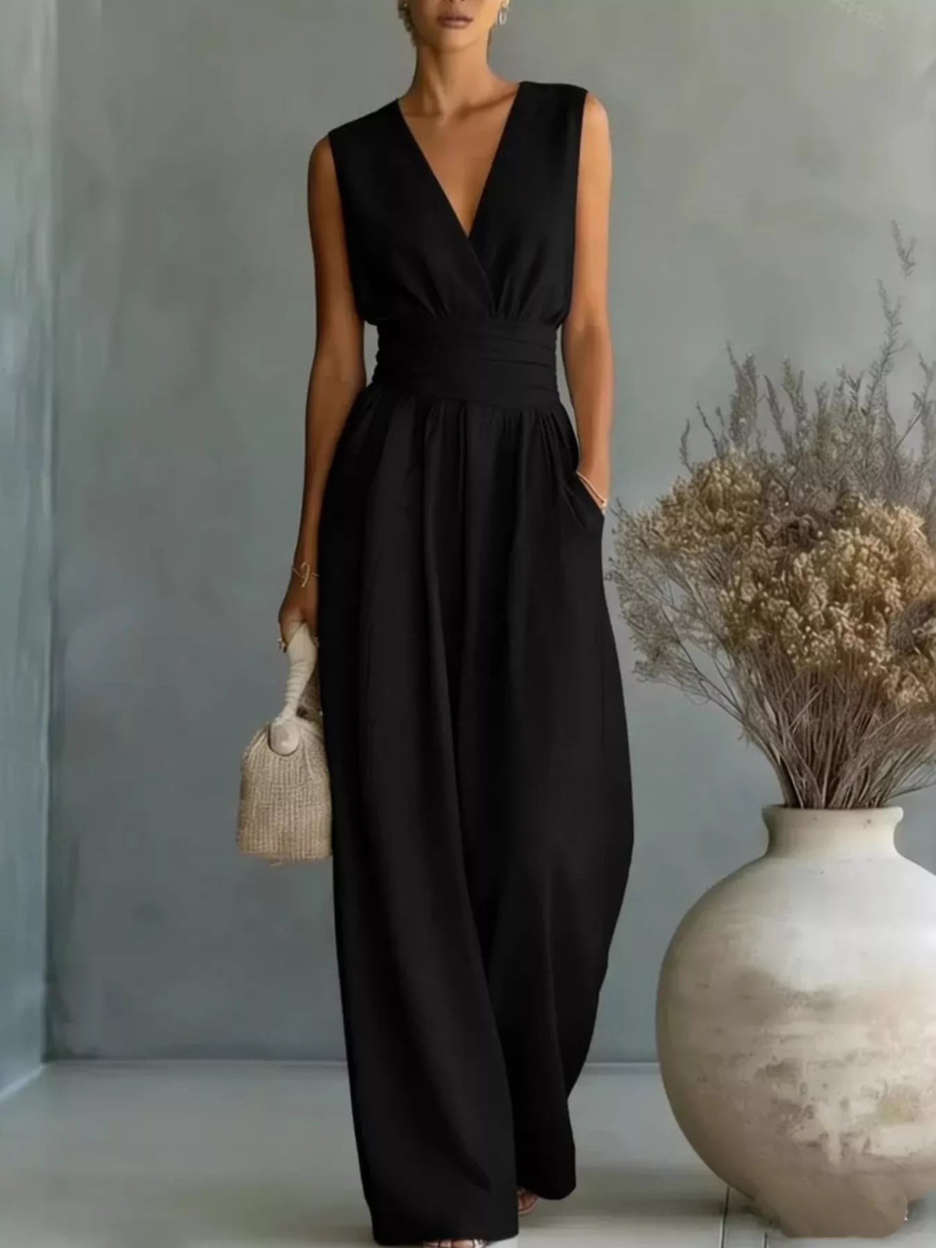 Wide leg jumpsuit black color styled look