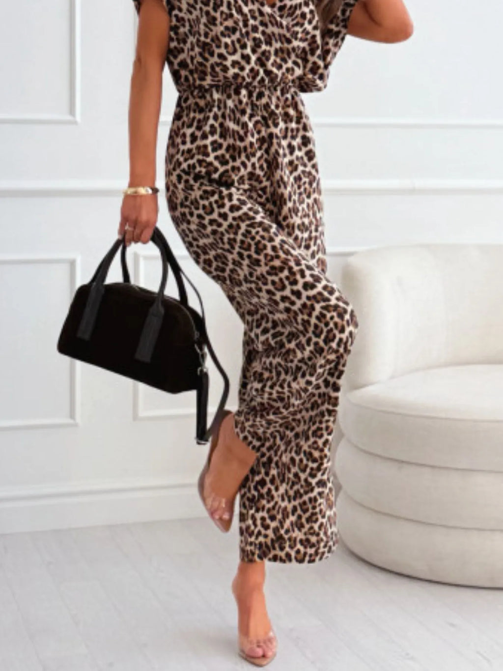 Animal print wide leg jumpsuit styled look