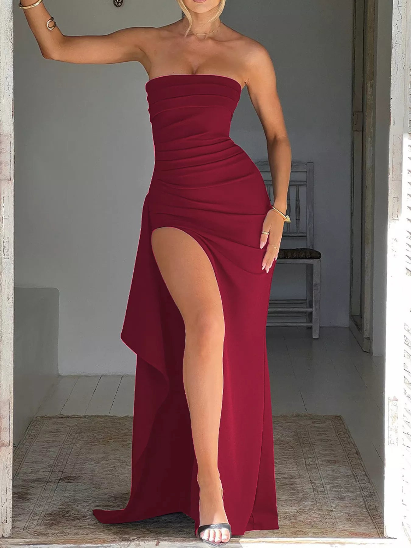 Ruched waist detail on strapless maxi dress