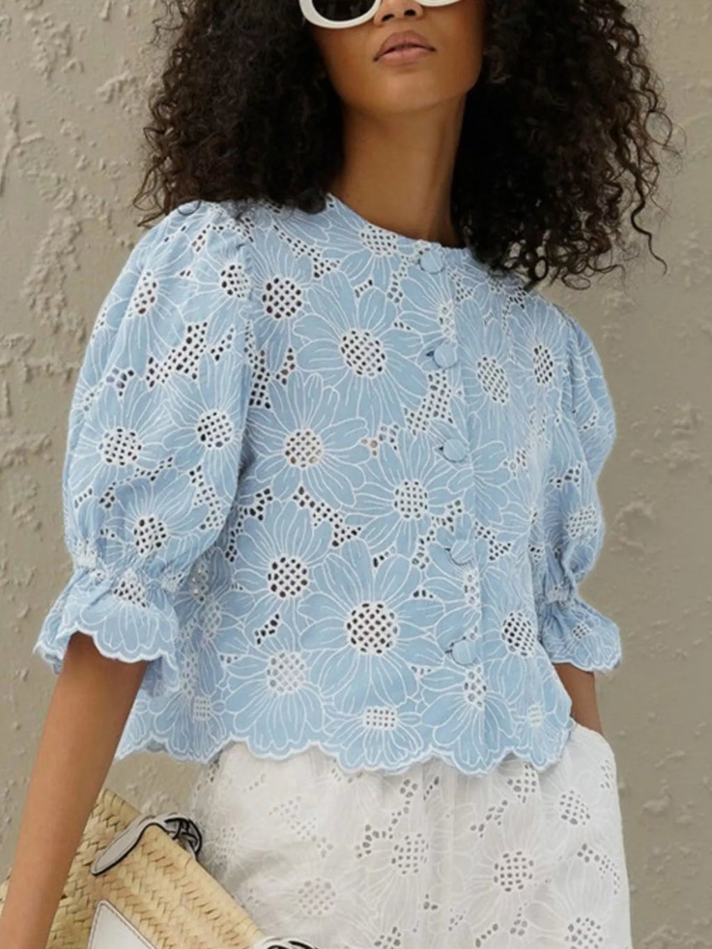 Eyelet flounce sleeve blouse back view