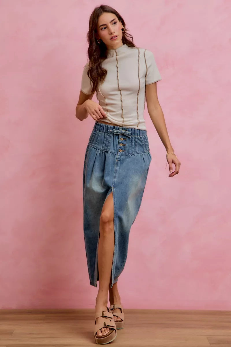 Denim maxi skirt side view showing slit