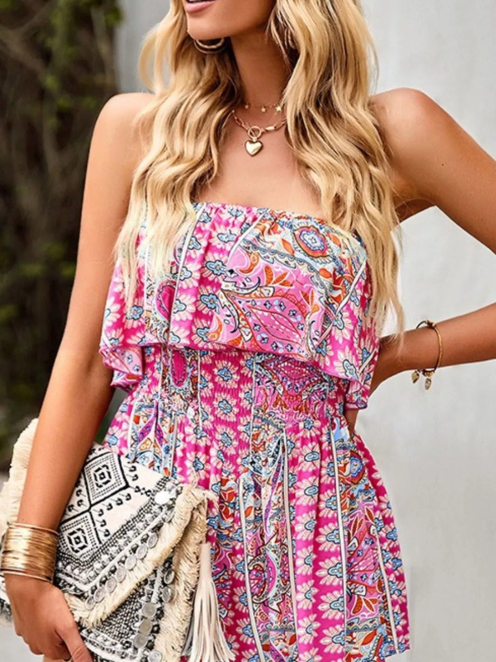 Printed tube romper full length view