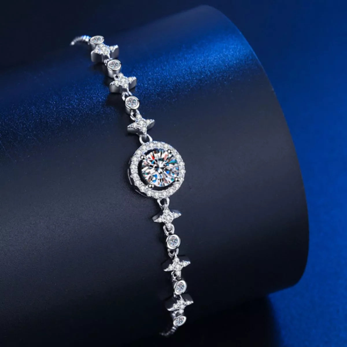 Sterling silver moissanite bracelet close up sparkle