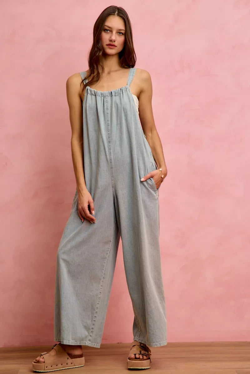 Denim overalls back pocket and seam detail