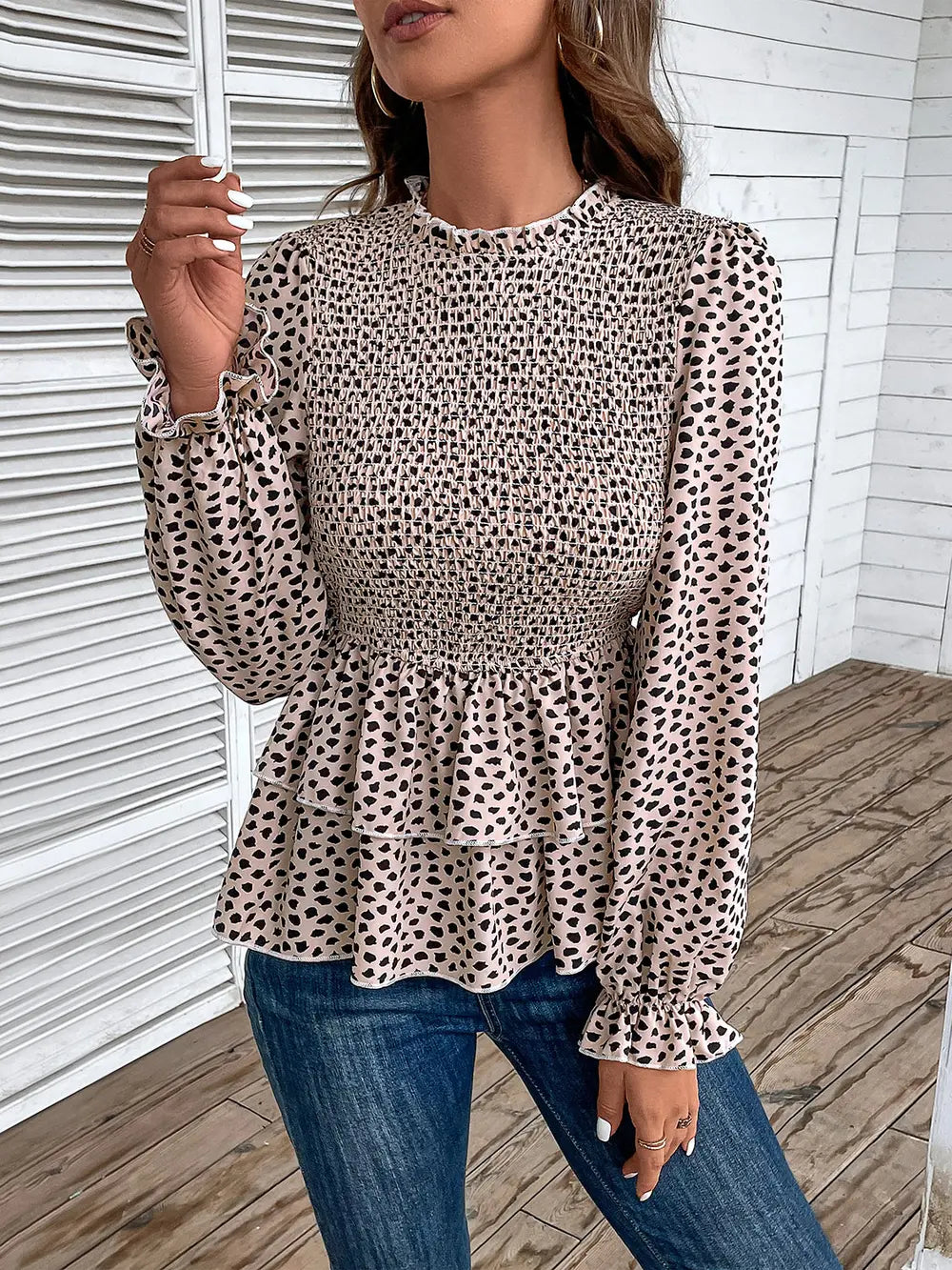 Printed smocked flounce sleeve t shirt front view