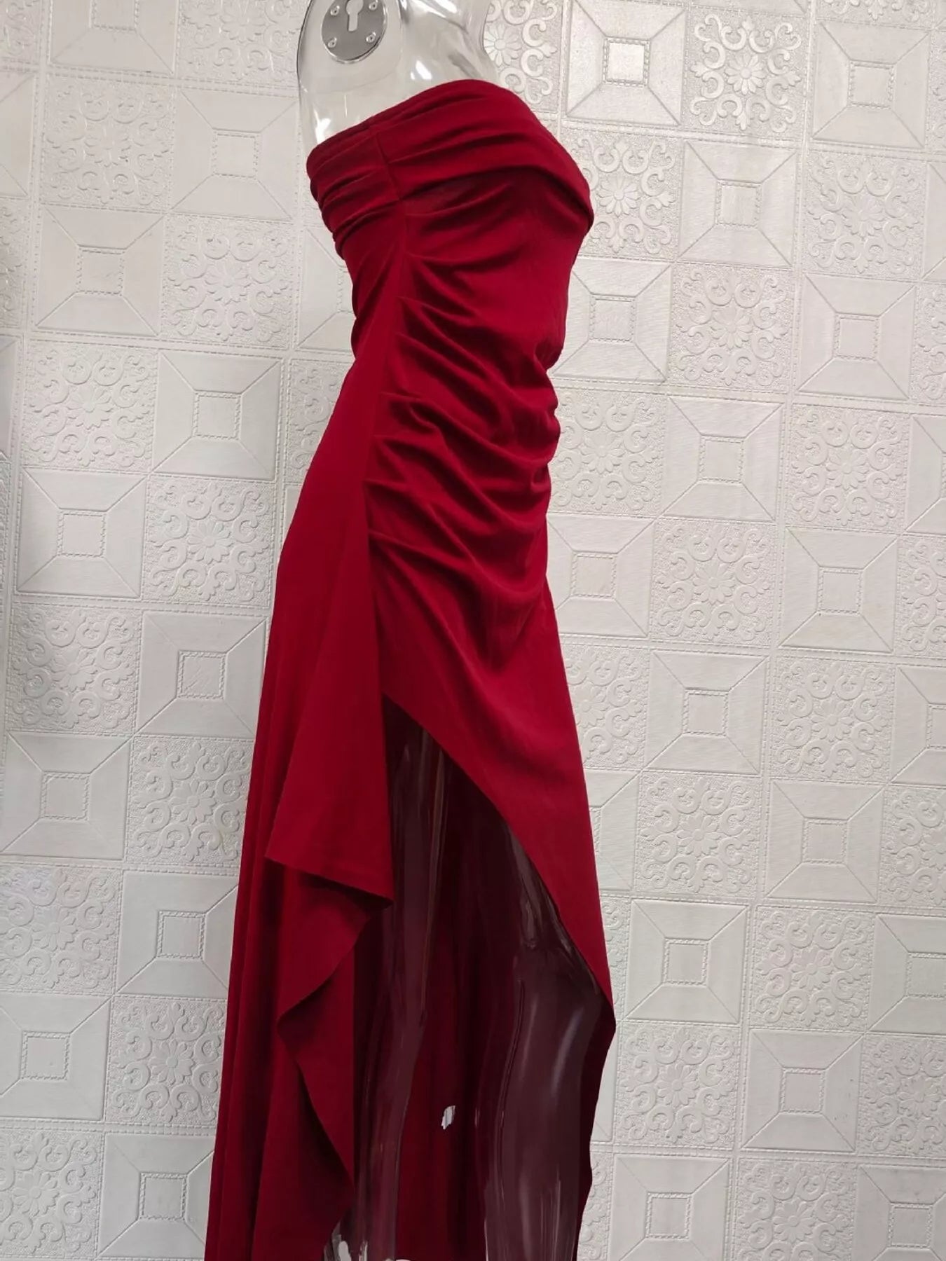 Strapless high slit maxi dress in burgundy