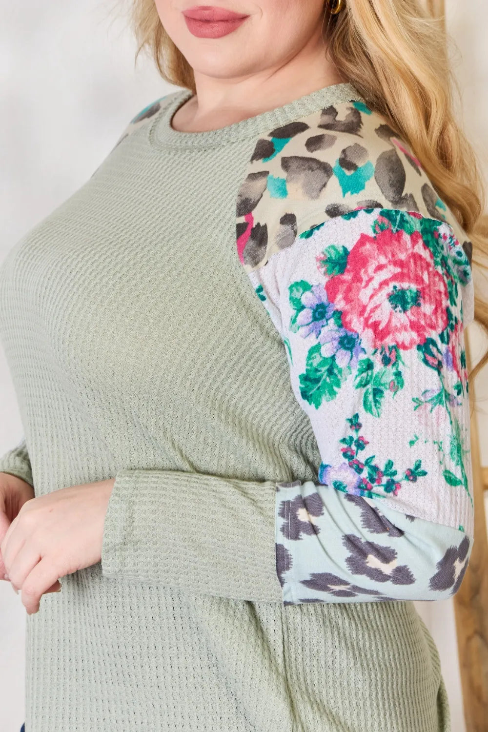 Printed round neck blouse detail of drape and fit