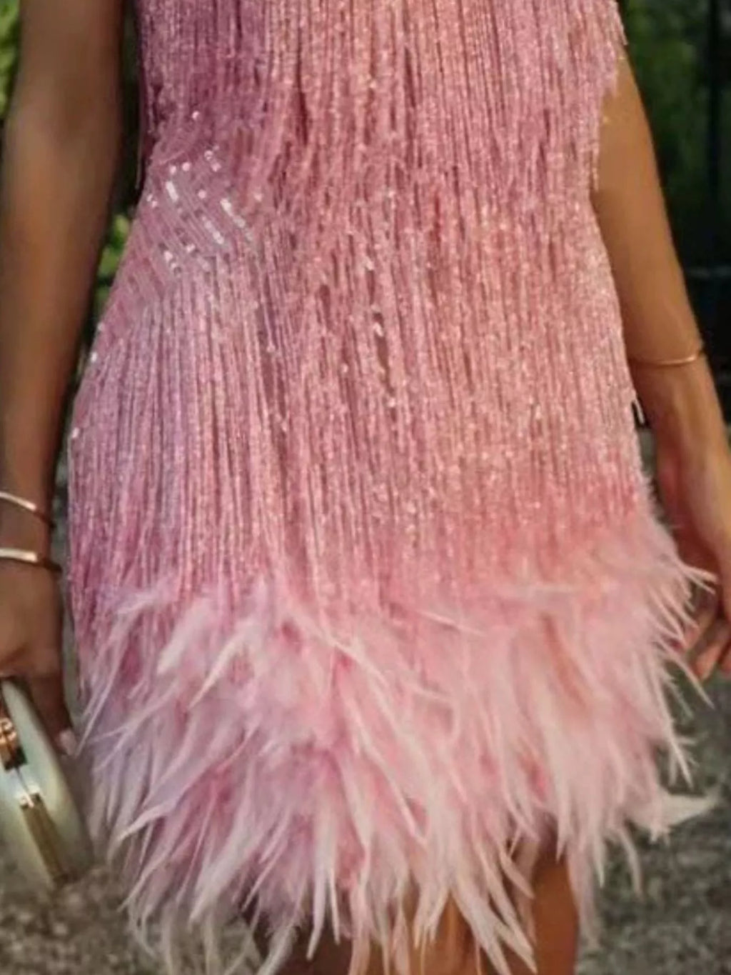 Sequin feather mini dress in champagne