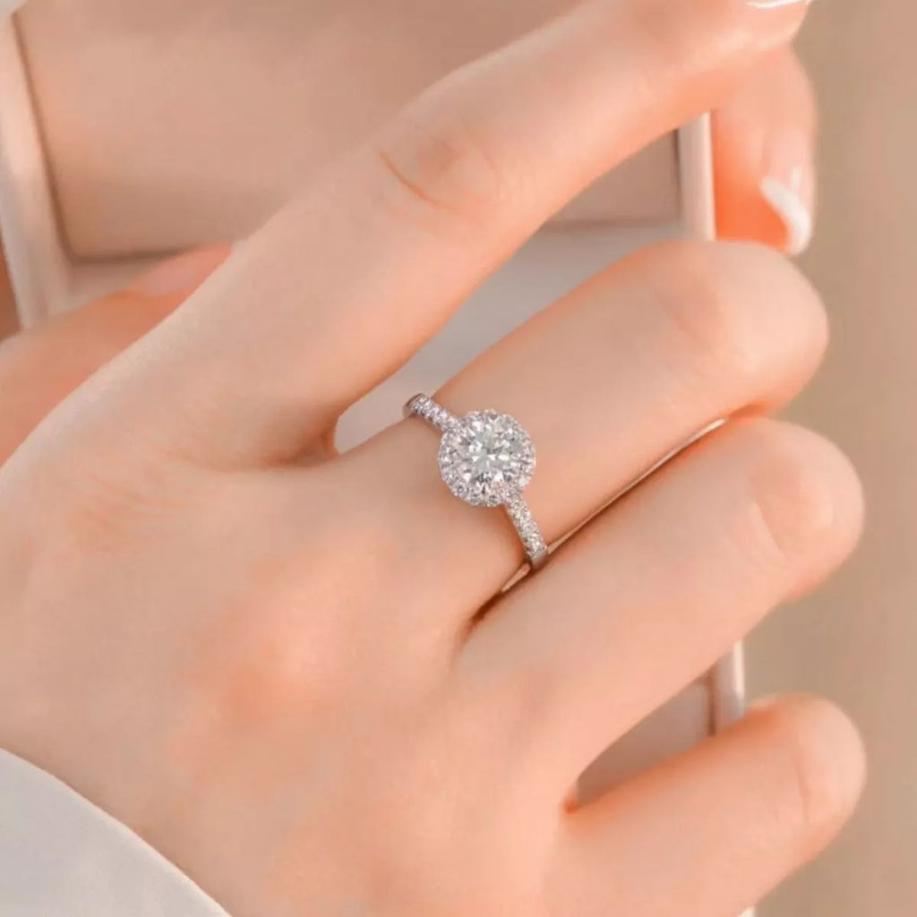 Moissanite ring side profile showing setting