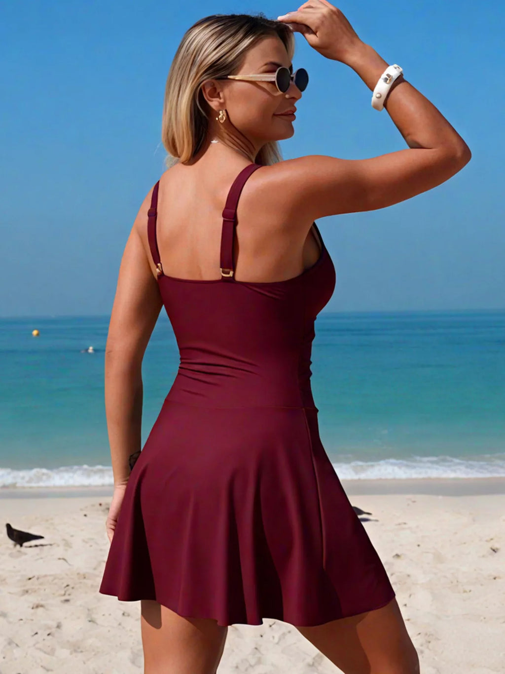 V neck swimsuit back view on model