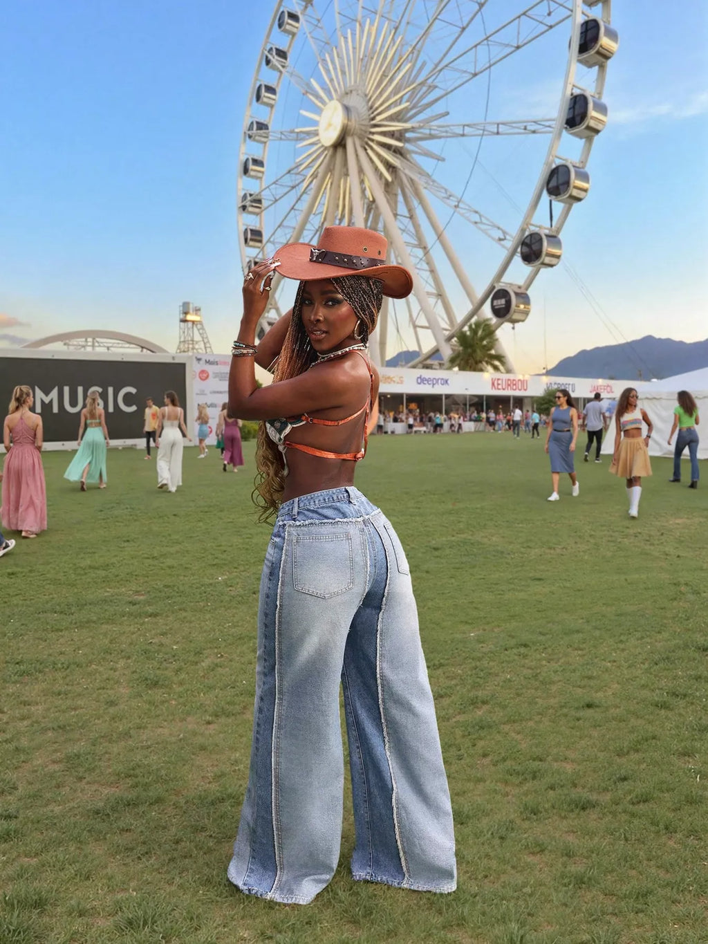 Patchwork wide leg jeans full outfit view