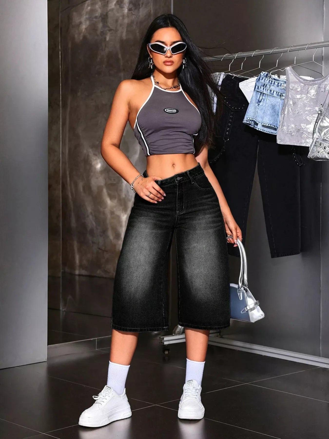 Cotton blend denim fabric detail on wide leg capri jeans