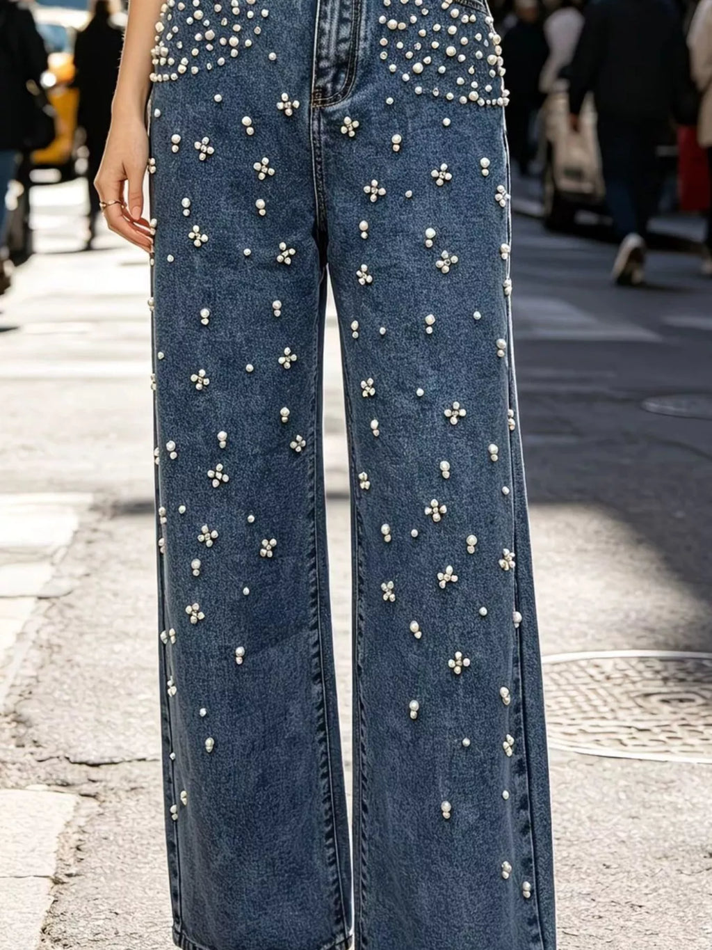 Rhinestone embellished wide leg jeans alternate angle