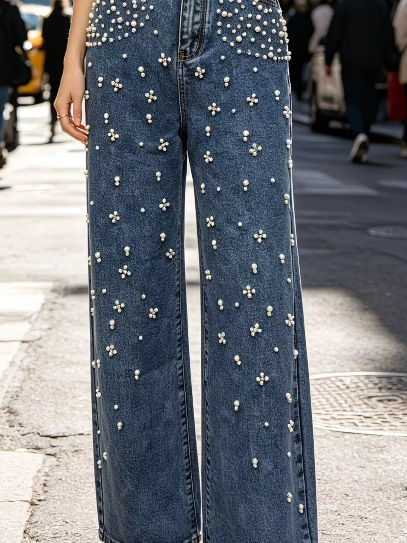 Rhinestone embellished wide leg jeans alternate angle
