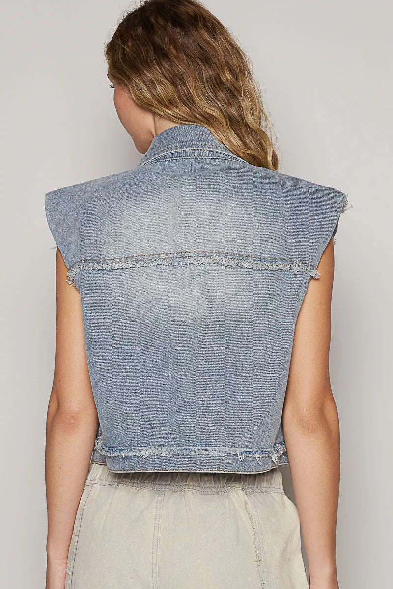 Sleeveless denim vest styled on model