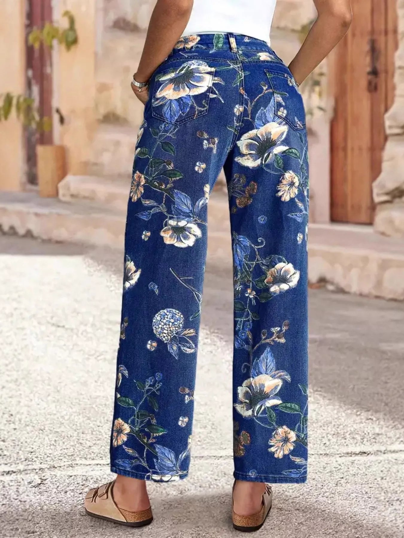 Floral wide leg jeans styled outfit full length view