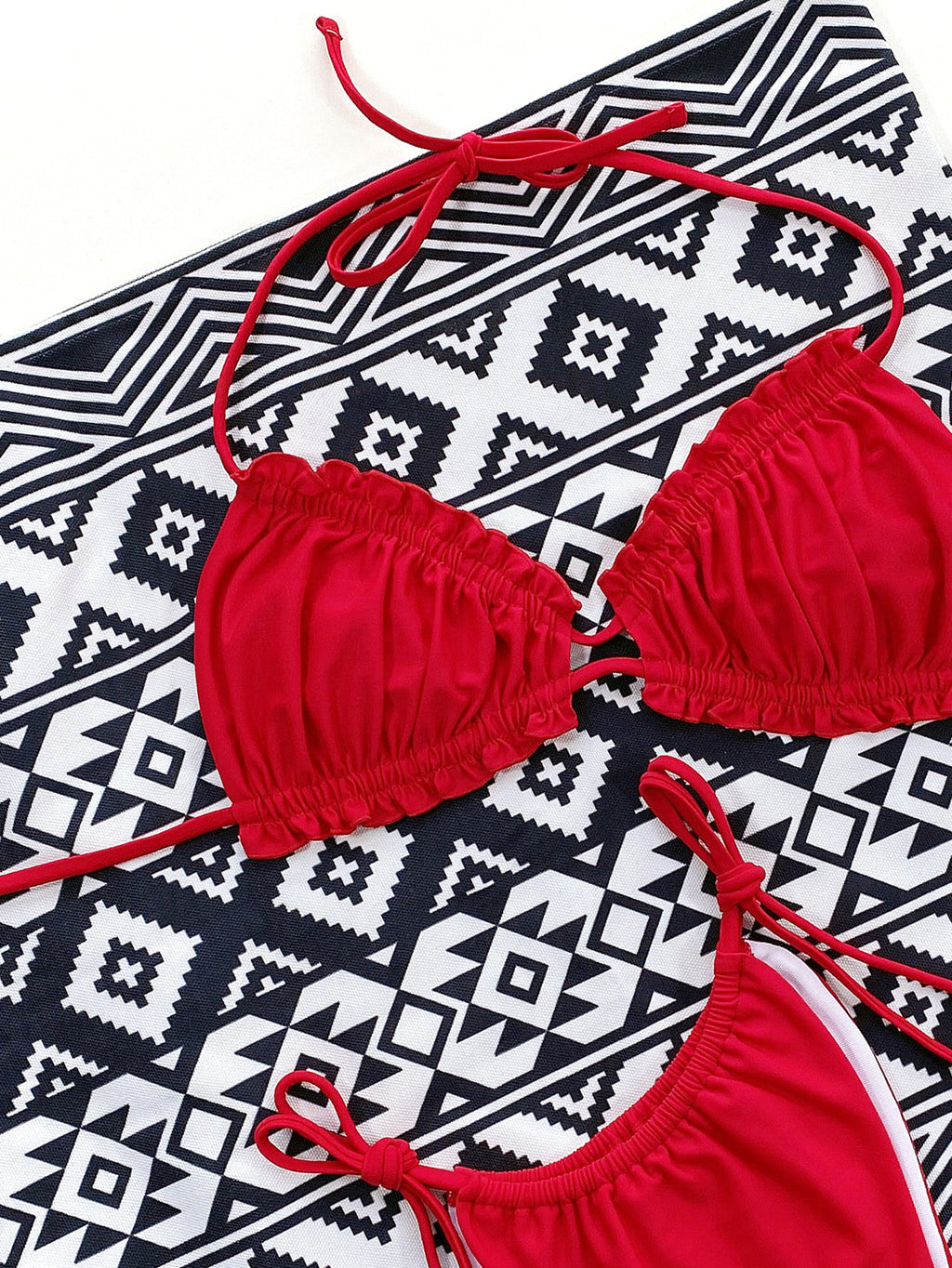 Red frill bikini top close up detail