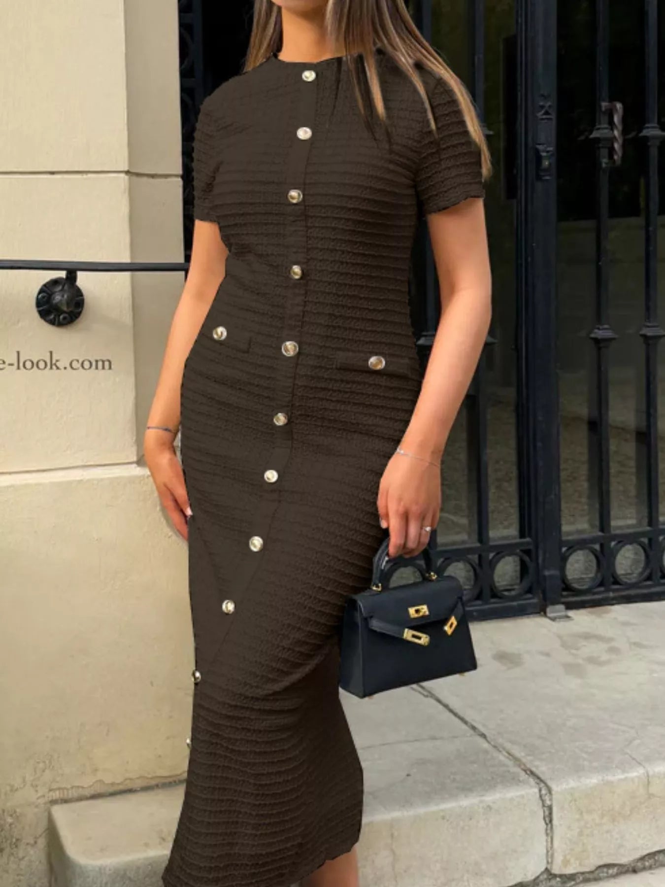Textured short sleeve dress in dark brown front view