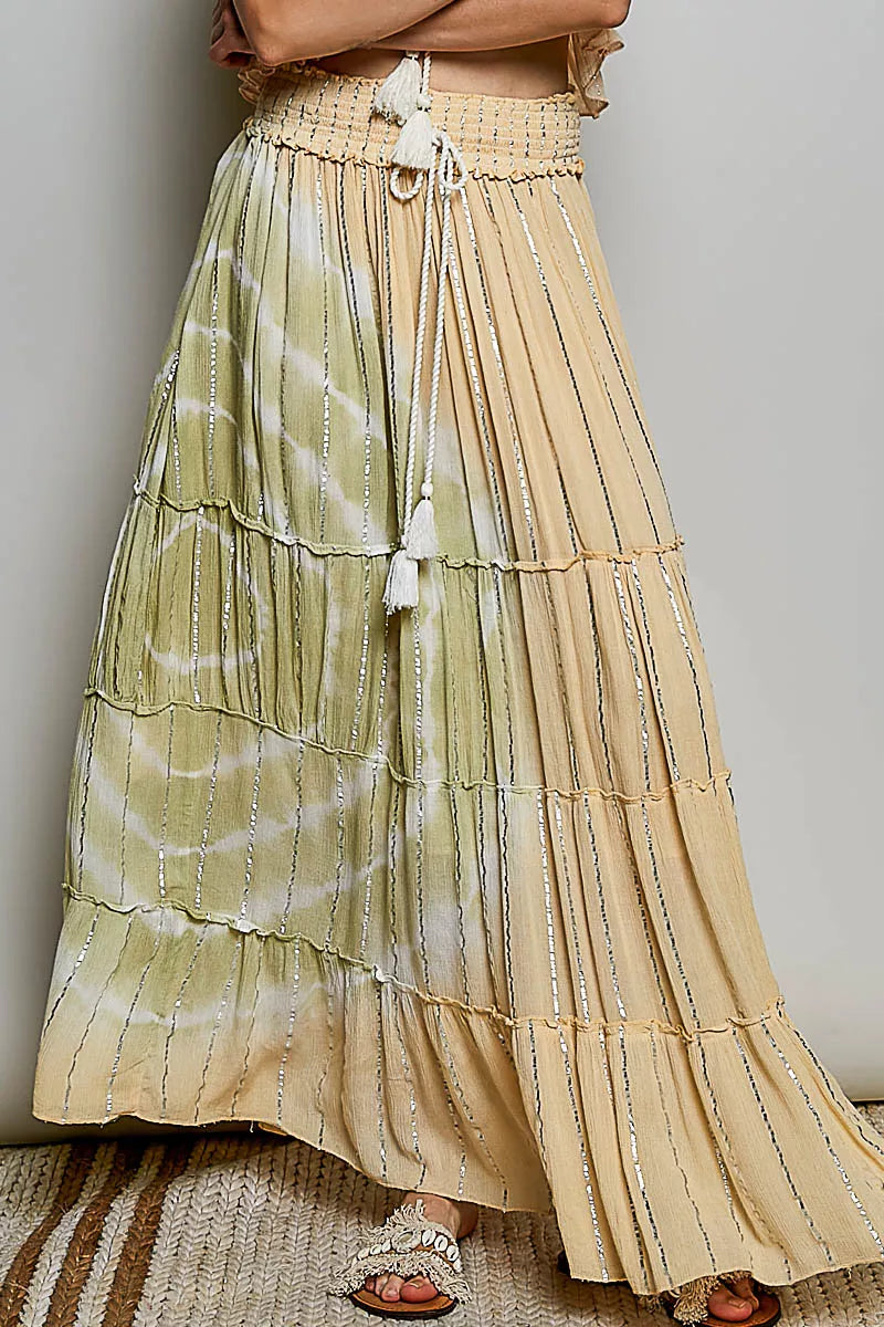 Shimmer tiered ruffle maxi skirt front view
