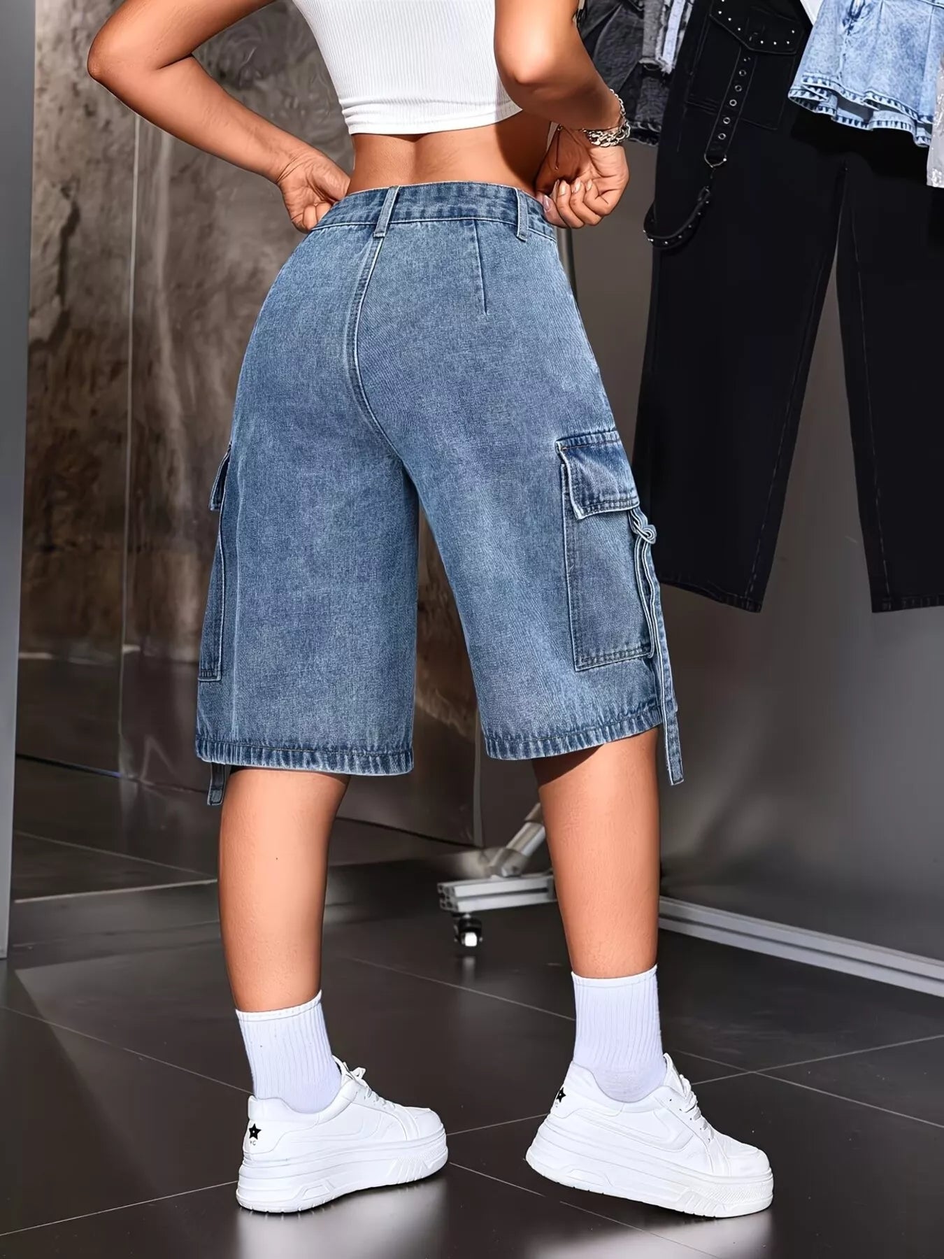 Tie detail and raw hem on cargo denim capris