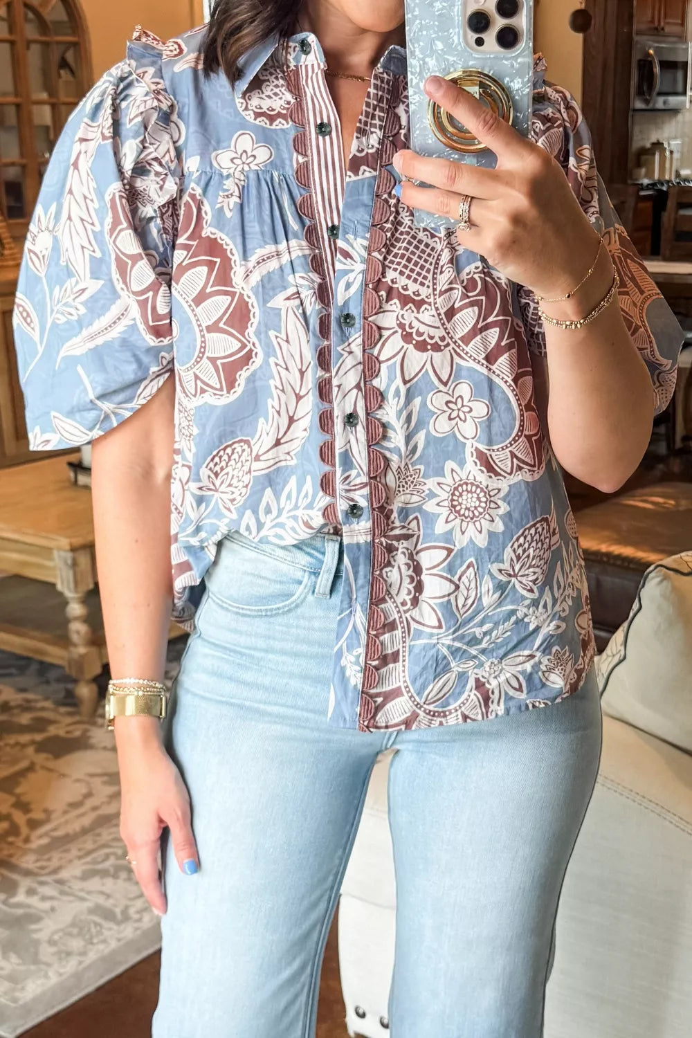 Scalloped trim floral shirt button front detail