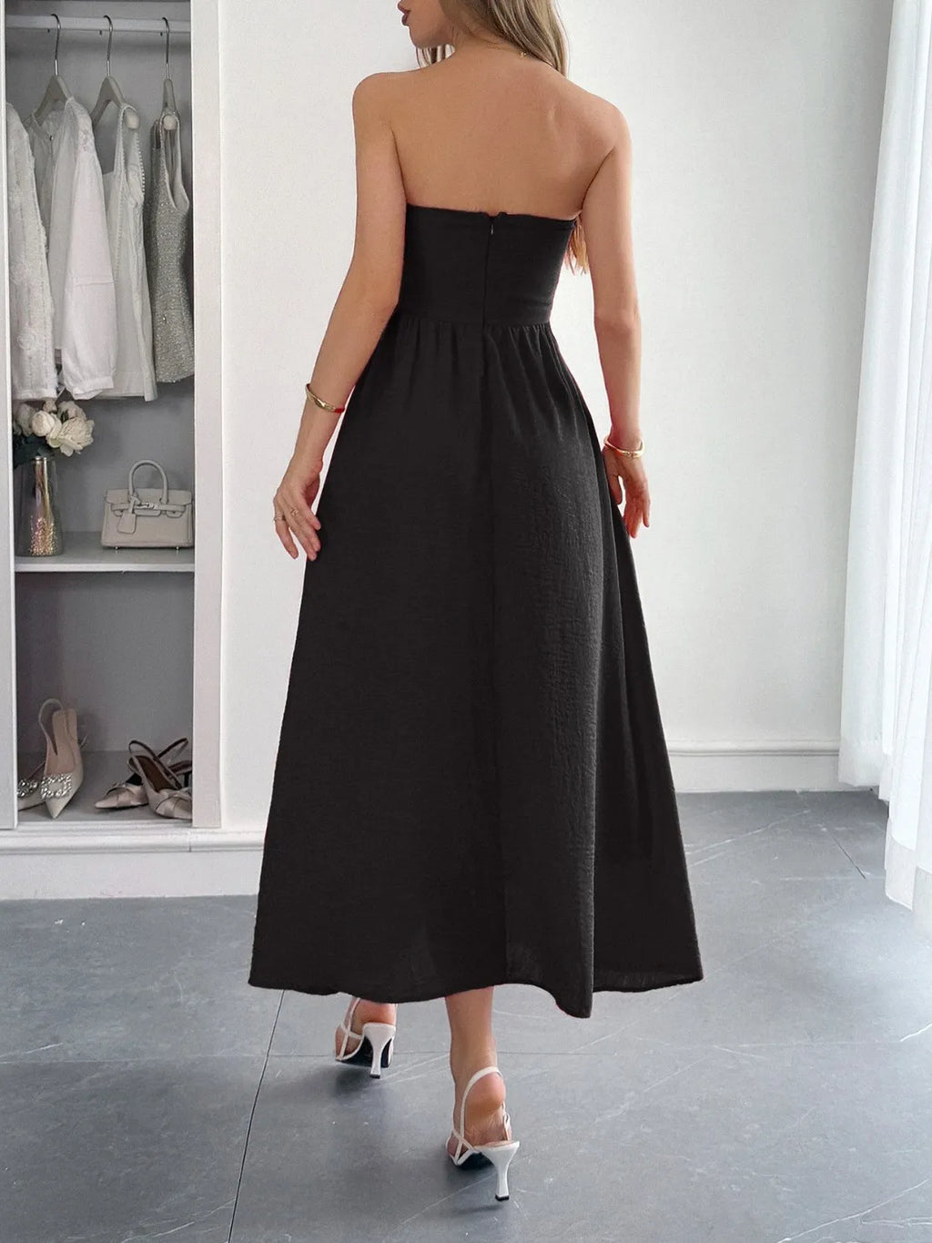 White strapless a line midi dress front view