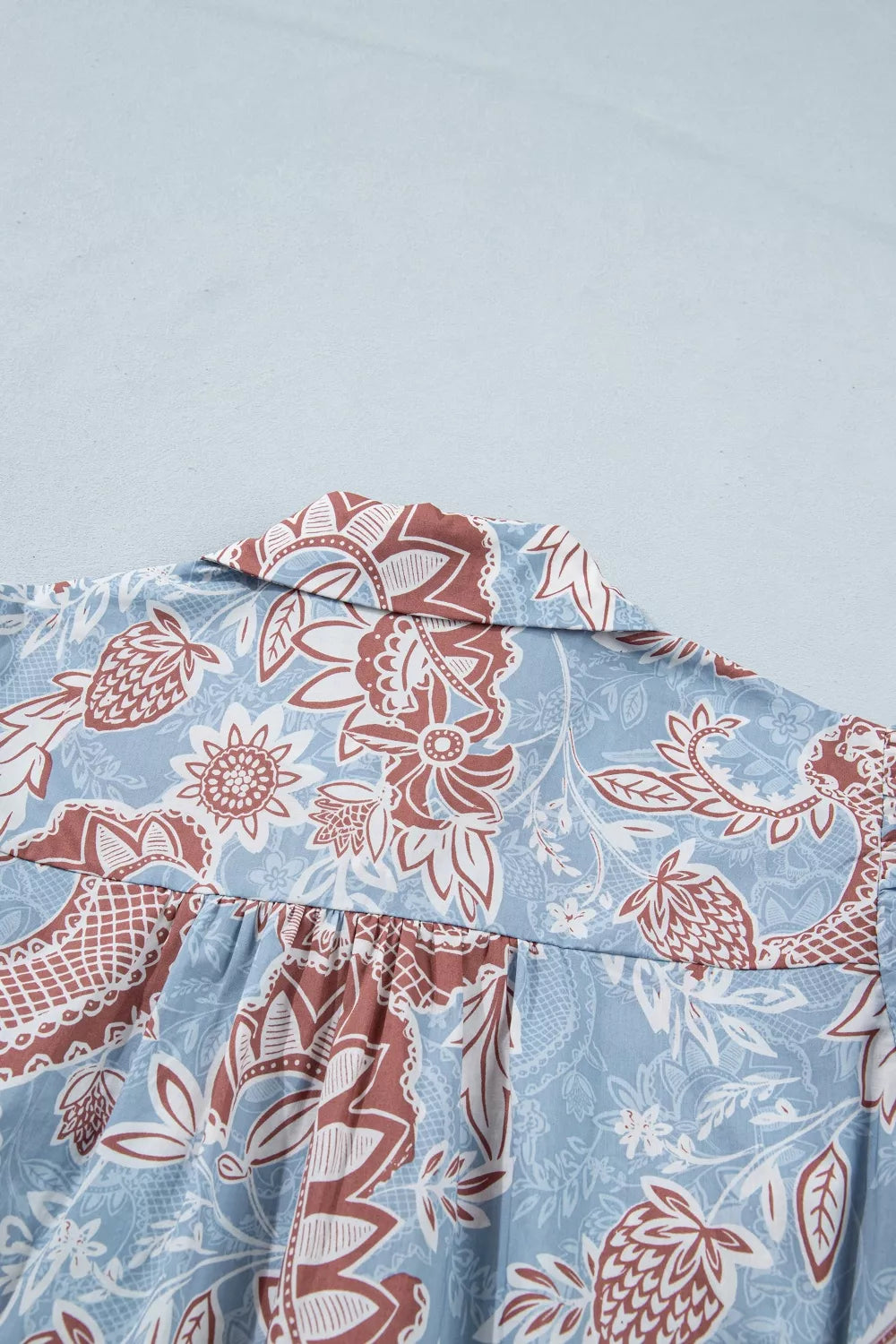Floral print button down shirt detail shot