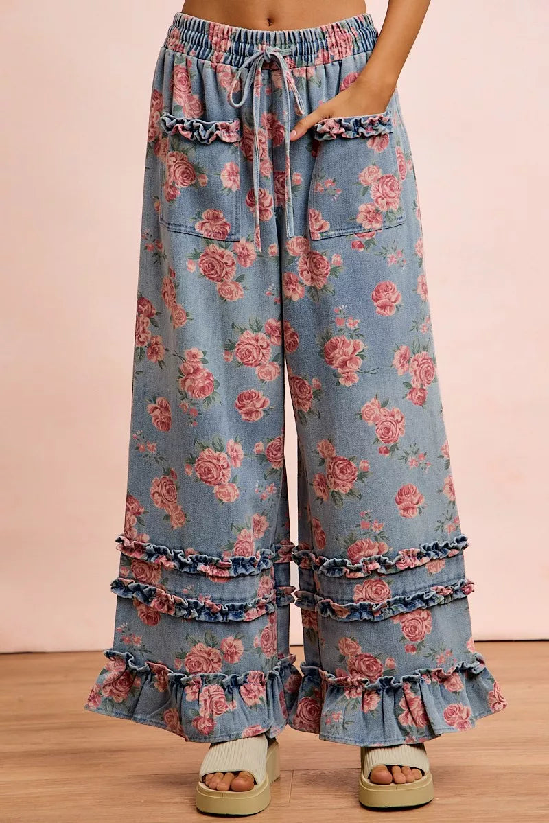 Floral washed denim wide leg pants front view