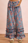 Floral washed denim wide leg pants front view