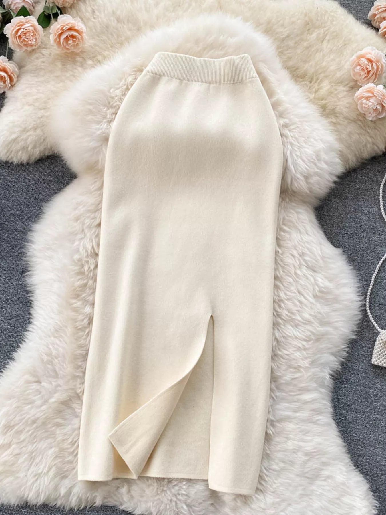 Slit knit midi skirt full length model shot