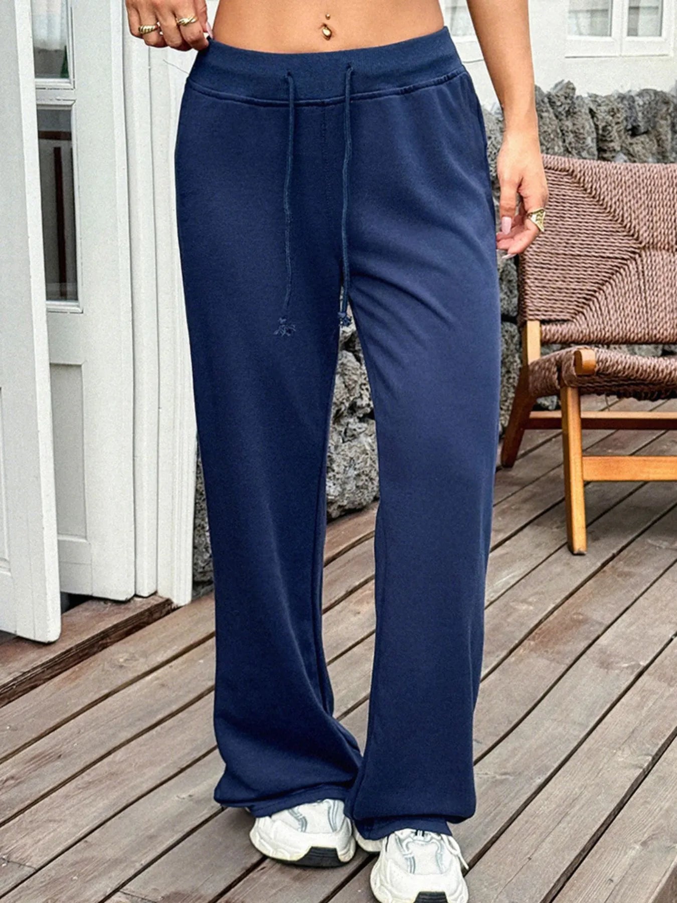 Navy wide leg active pants drawstring waist detail