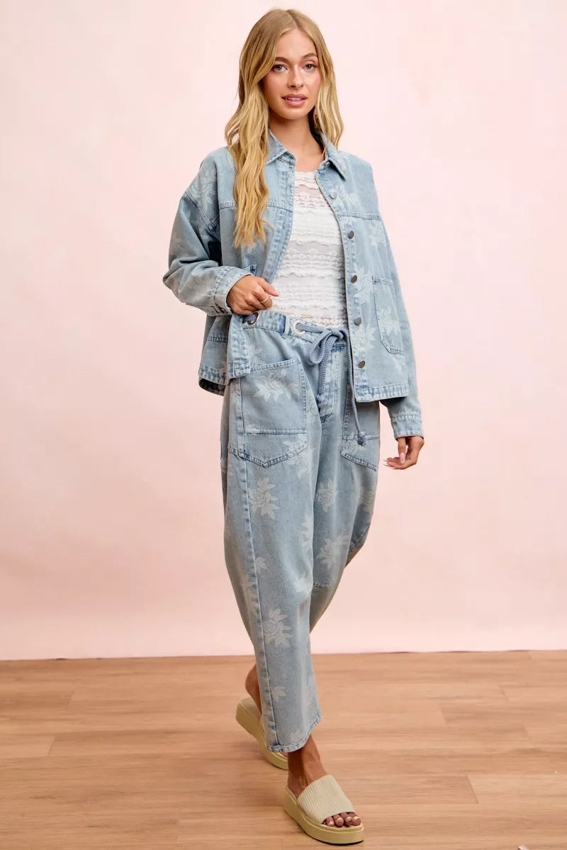 Womens floral print denim jacket detail view