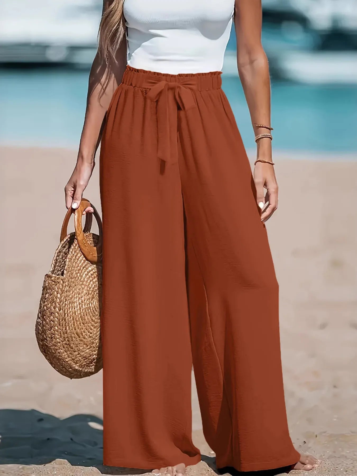 Drawstring waist wide leg pants front view