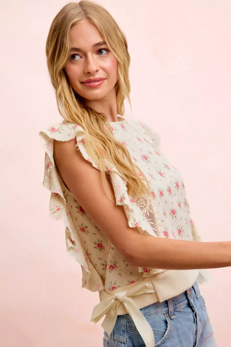 Red floral ruffle sleeve top, side view