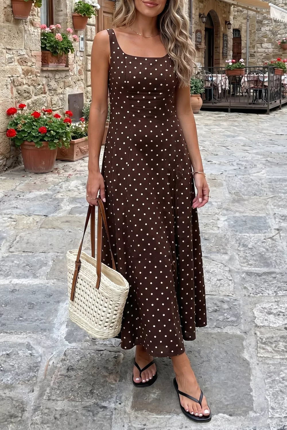 Flowy polka dot maxi dress full length
