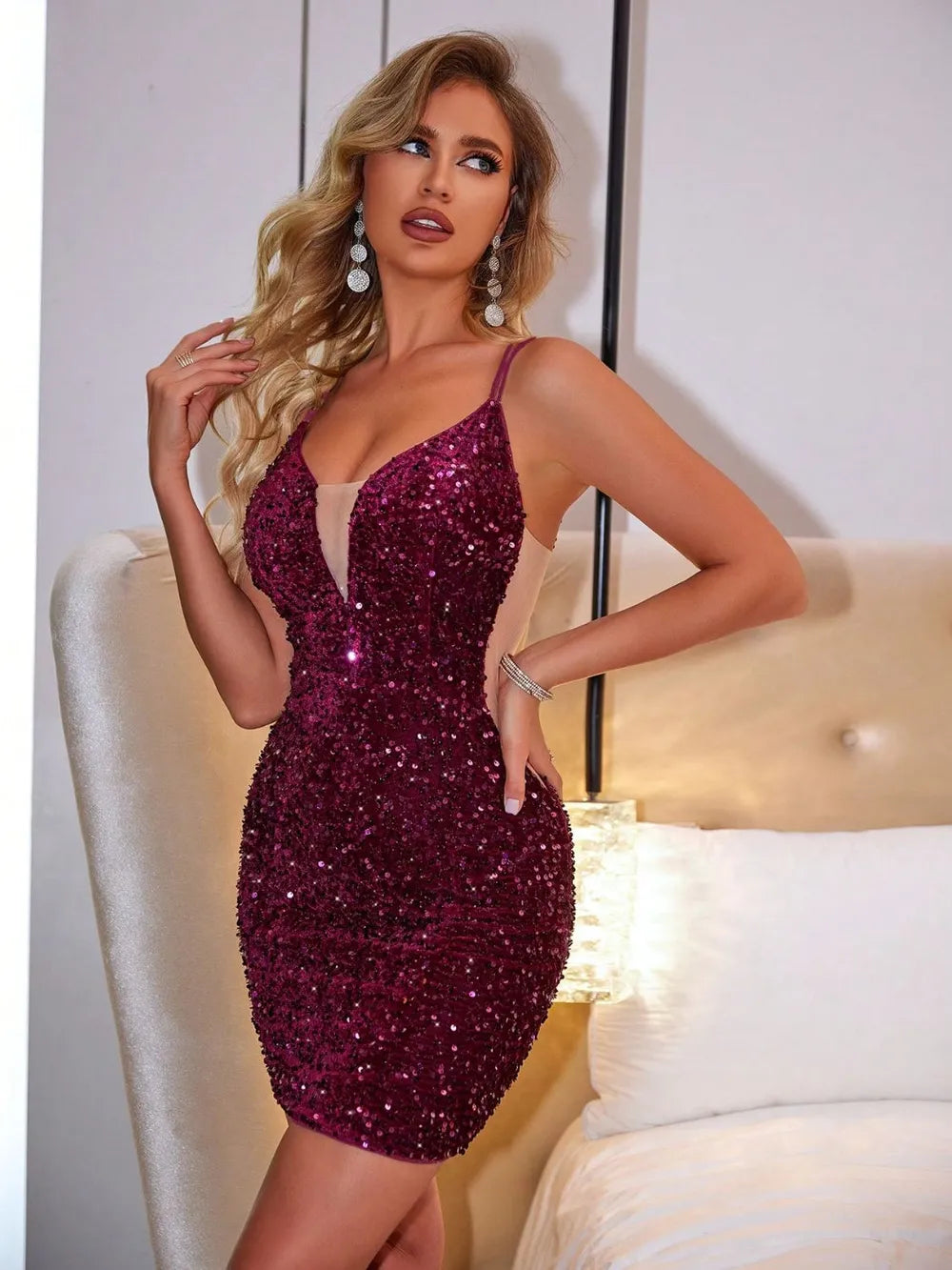 Burgundy sequin sleeveless dress full length view