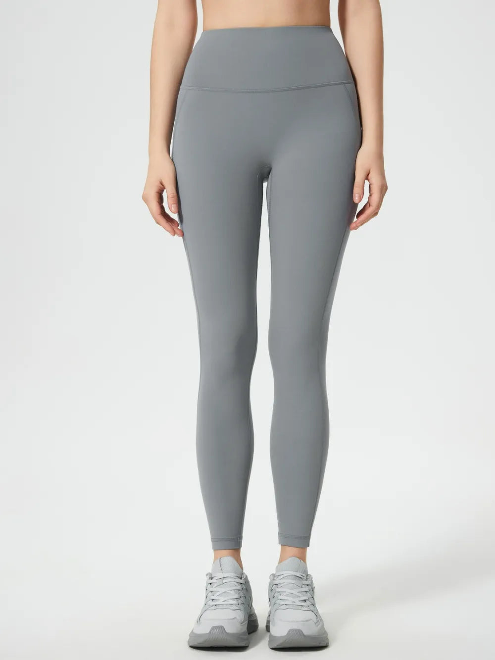 Gray wide waistband active leggings front view