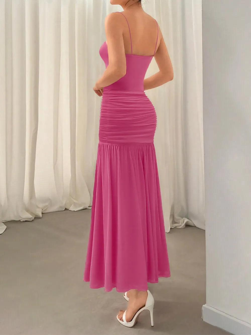 Deep rose ruched maxi dress back view