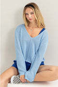 Baby blue V neck stripe texture long sleeve top front view