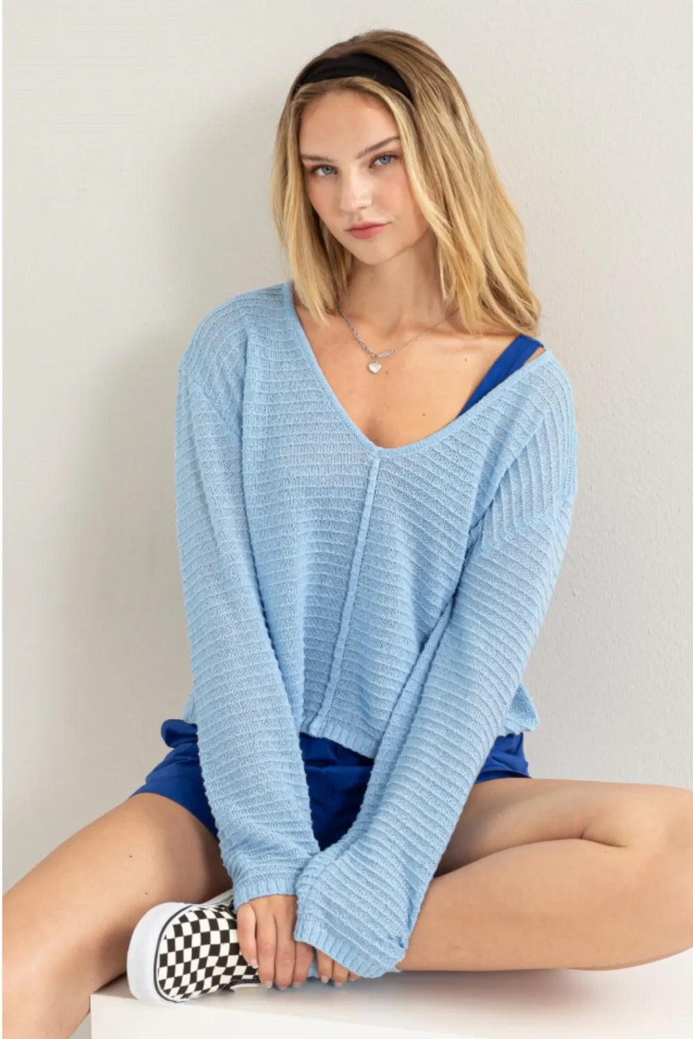 Baby blue V neck stripe texture long sleeve top front view