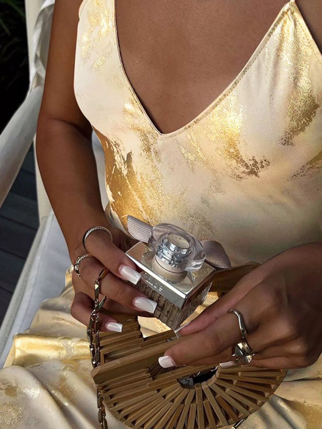 Gold maxi dress V neckline detail