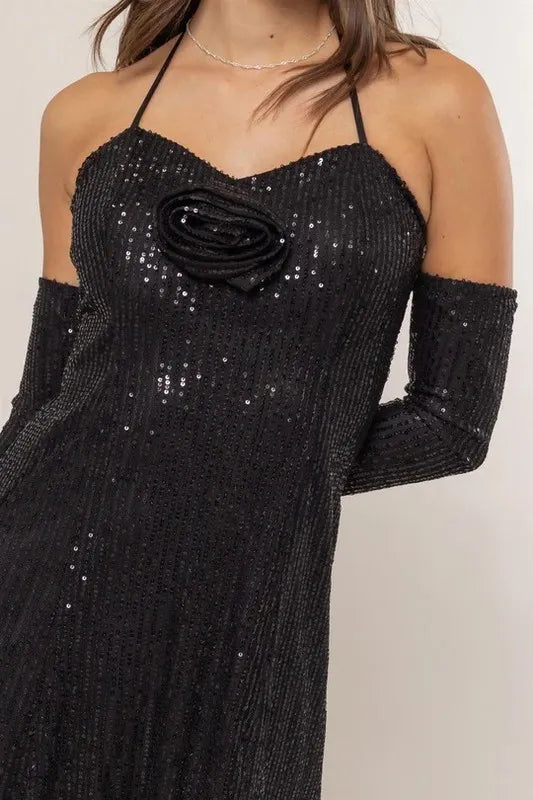Black halter mini dress on model full length