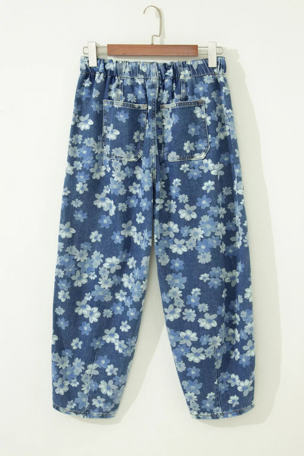 Drawstring waist detail on floral barrel jeans