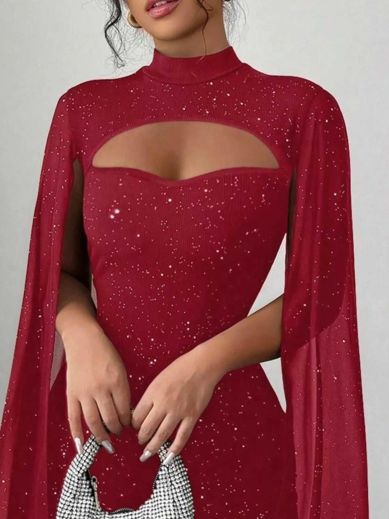 Glitter cape sleeve mini dress detail