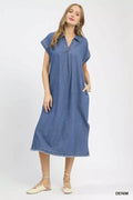Stone washed collared denim midi dress front view