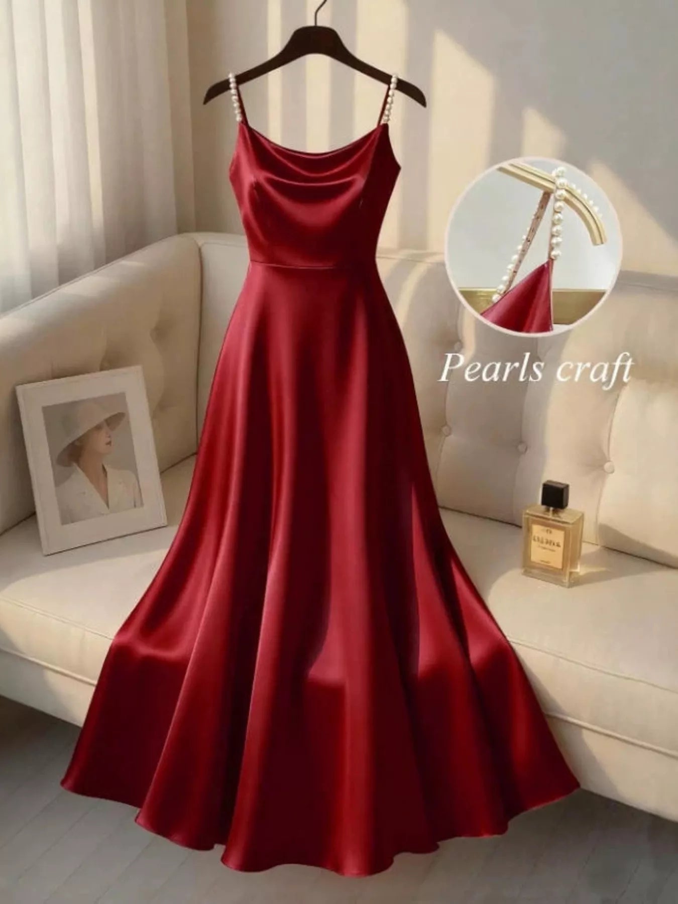 Burgundy pearl strap satin maxi dress front view