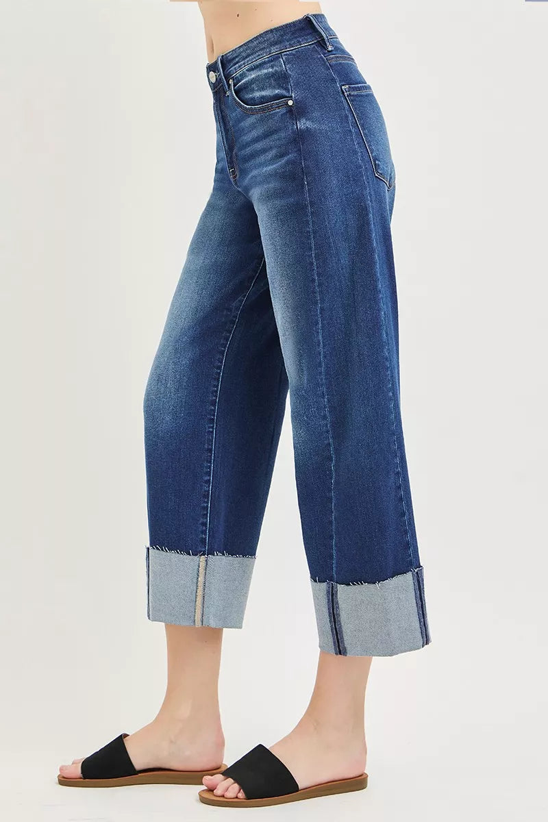 Slouchy barrel jeans cuffed hem detail