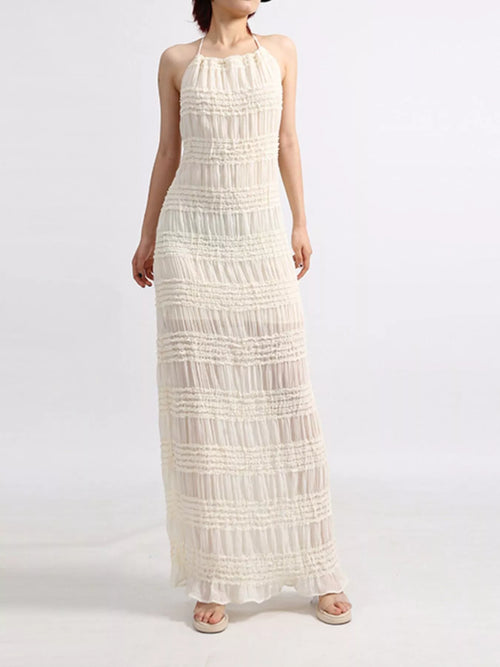 Halter neck maxi dress on model side view